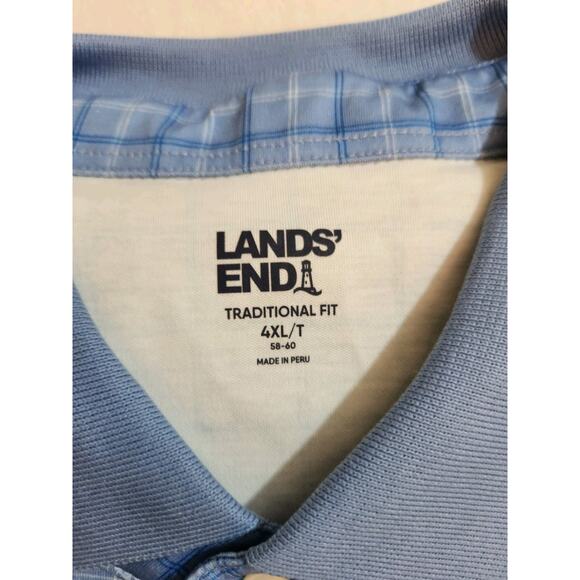 Lands End Golf Polo Shirt Mens 4XLT 4XL Tall Check Blue Long Sleeve Preppy - Picture 2 of 10